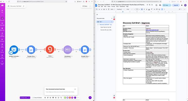 Screenshot of an error message from Make.com indicating that a scenario run failed due to missing company and contact data.