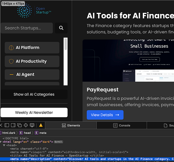 The image displays a web interface for Open Startup, showcasing AI tools for finance.