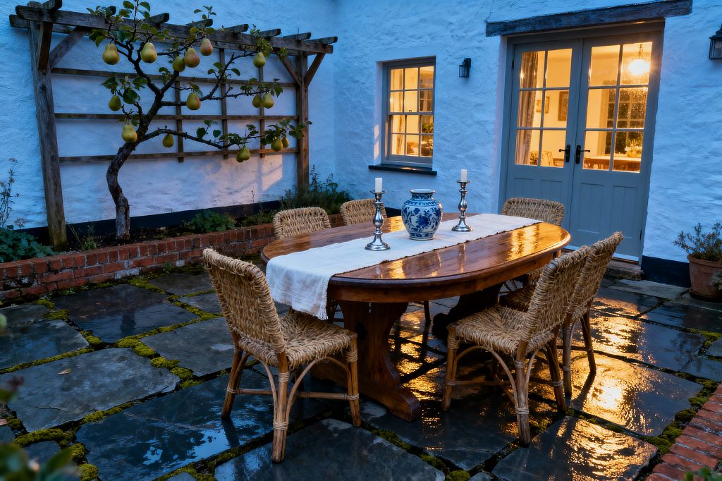 A small cottage patio at dusk features an oval, high-gloss wooden table with a white runner, silver candlesticks, and a blue-and-white porcelain vase, surrounded by four woven rattan chairs. Wet slate flagstones with mossy joints lead to gray-blue French doors and a window set in a whitewashed wall, while a raised red-brick bed supports an espaliered pear tree on a timber trellis, and warm interior light reflects across the stones.