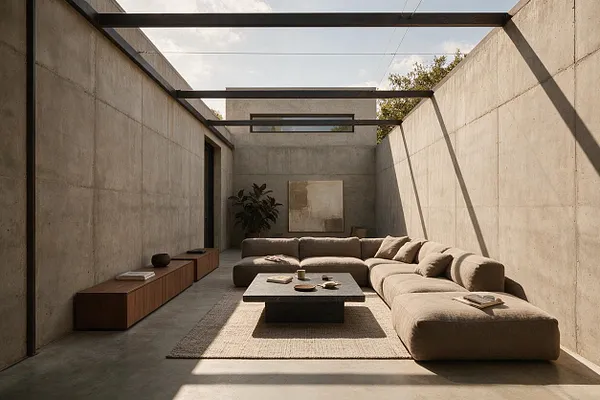 A minimalist brutalist patio with tall raw concrete walls, open overhead steel beams, and a beige sectional sofa arranged around a low square coffee table. A wood bench with decor runs along the left wall, while a textured rug and soft daylight create a calm, enclosed outdoor living space.