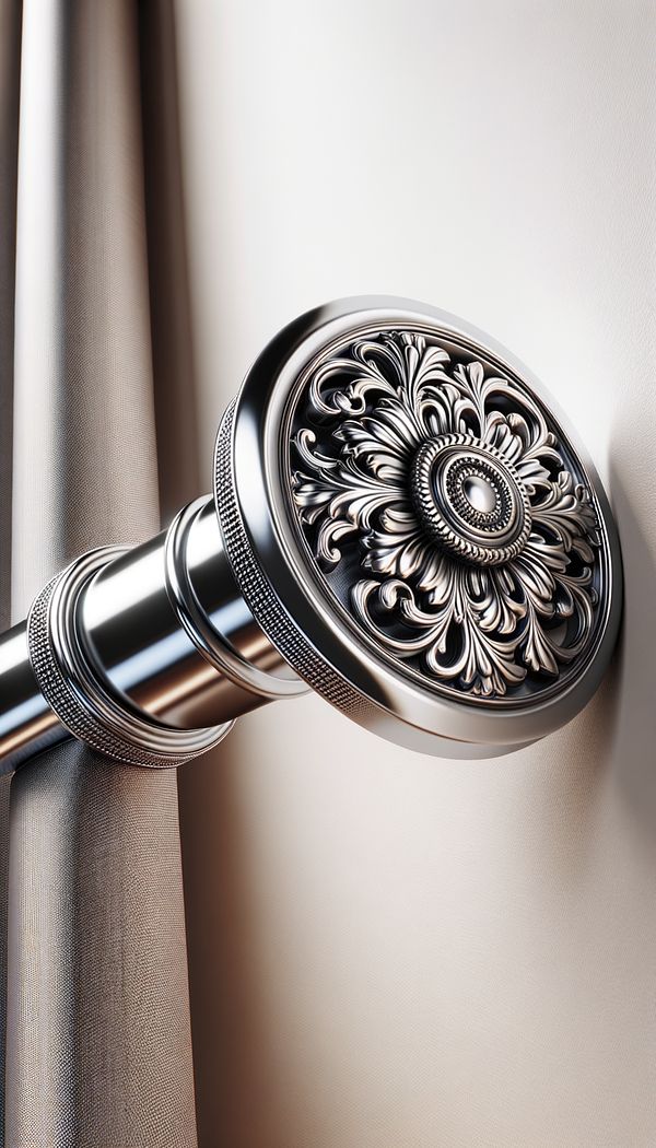 a close-up of a decorative flange attached to a curtain rod, featuring intricate designs and a shiny chrome finish, against a neutral-colored wall