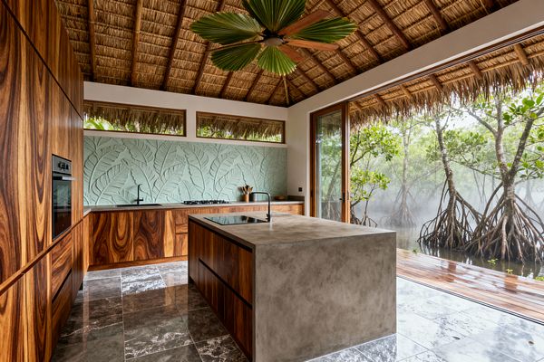 An open tropical kitchen with a thatched palm ceiling, richly grained wood cabinetry, and a concrete waterfall island. A mint-green, 3D leaf-pattern backsplash spans the back wall with a gas cooktop and matte-black faucet, while floor-to-ceiling sliding glass doors connect to a mangrove deck; gray stone floors and a palm-blade ceiling fan complete the airy, indoor-outdoor space.