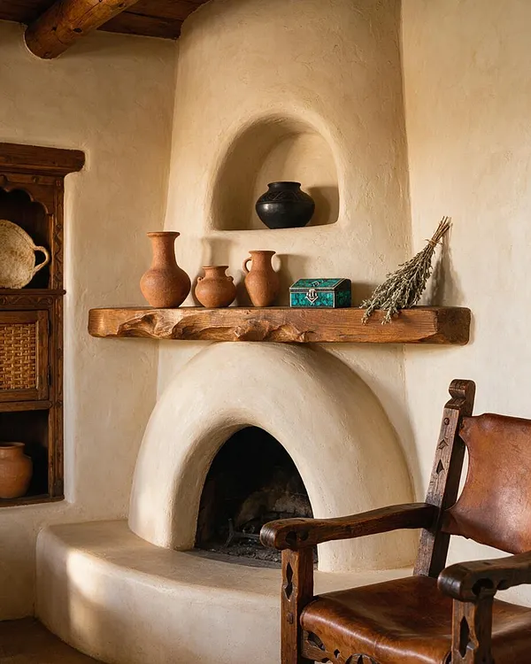 A Southwestern-style interior vignette with a smooth adobe fireplace painted in warm cream plaster, featuring two arched openings and a thick reclaimed wood mantel shelf. Terra-cotta pots, a black ceramic vase, a small turquoise box, and dried herbs decorate the shelf, while a carved wooden cabinet and leather armchair add rustic texture.