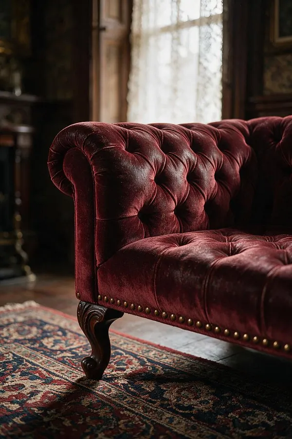 A close-up of a Victorian-style sofa upholstered in deep burgundy velvet, featuring deep button tufting, rolled arms, brass nailhead trim, and carved dark wood legs. It sits on a patterned oriental rug in a dim, traditional room with a bright window behind it.