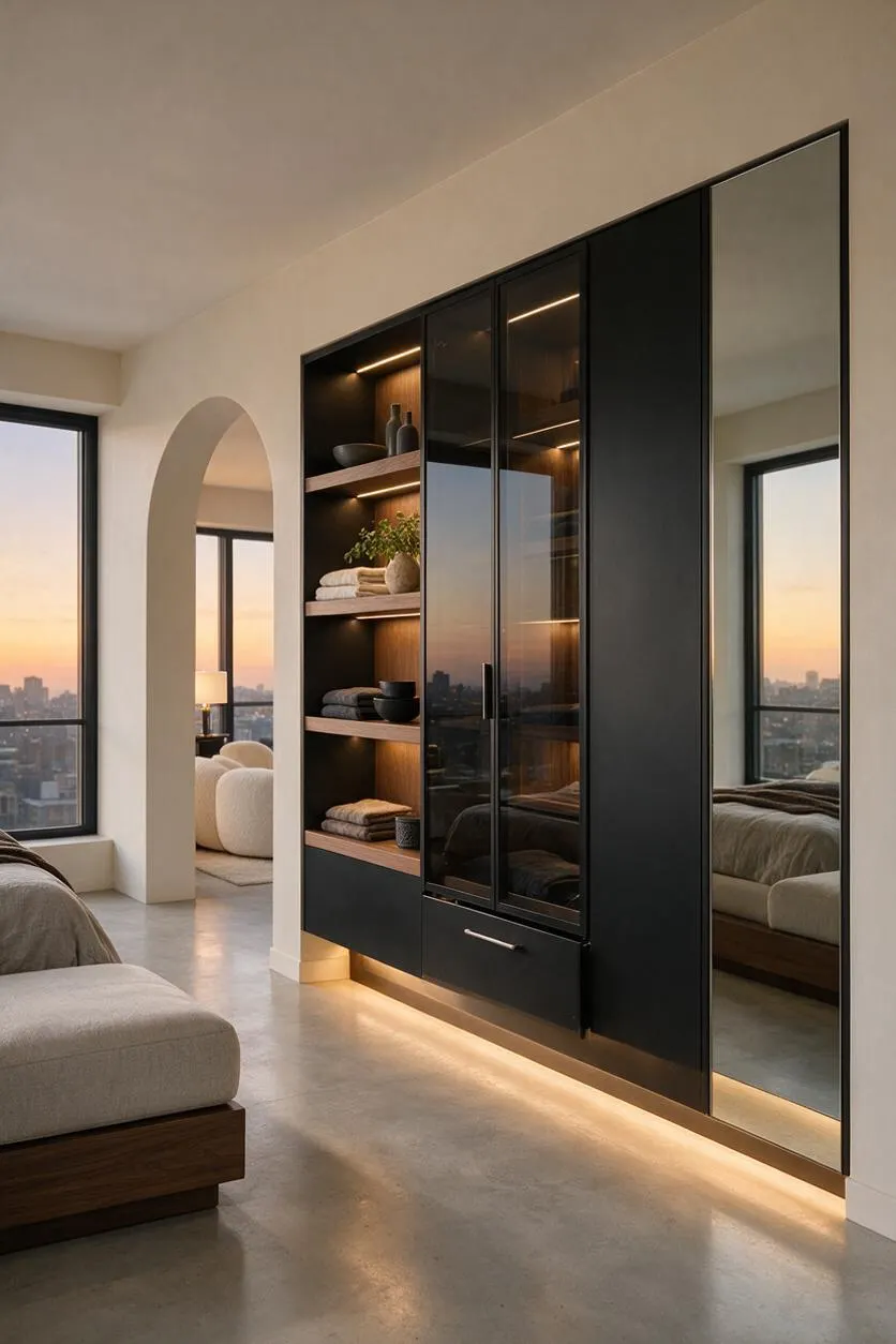 A modern closet wall with matte black cabinetry, open wood shelves, and glass-front doors lit by warm встроенный LED lighting. The closet sits in a bright bedroom with a large mirror panel reflecting the bed and city view at sunset.