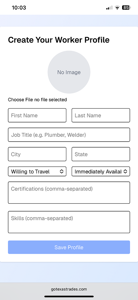 The image displays a mobile form for creating a worker profile on a website.