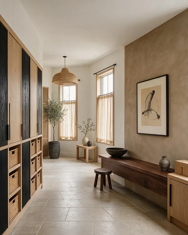 A calm mudroom with tall oak storage cabinets on the left, some fronted by dark panels and open cubbies filled with woven baskets. On the right, a long dark wood bench sits against a textured taupe wall with abstract art above it. The room has stone tile flooring, sheer beige curtains over narrow windows, a woven pendant light, and a few simple potted plants and pottery accents.