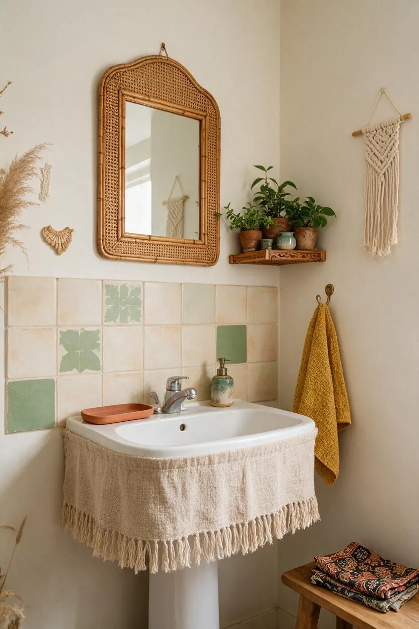 A small bohemian powder room with cream walls, a woven rattan-framed mirror, and pale green and ivory tiled backsplash. A pedestal sink is dressed with a fringed linen skirt, while potted plants, a mustard towel, and macramé wall art add warm, handcrafted texture.