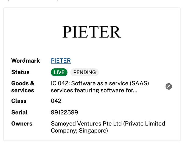 The image displays trademark registration details for the wordmark 'PIETER'.