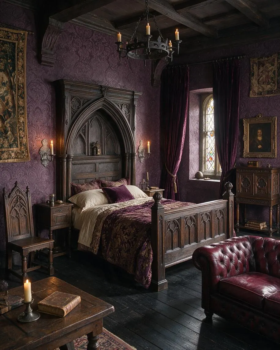 A dark Gothic-style master bedroom with a carved wooden bed centered beneath an ornate pointed-arch headboard surround. Purple patterned wallpaper, burgundy velvet curtains, stained-glass window, candle sconces, and a deep red tufted leather chair create a moody, historic atmosphere.