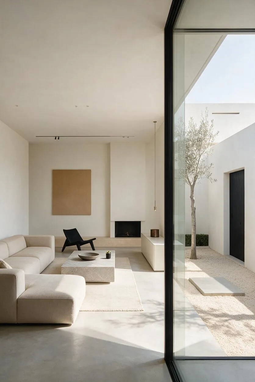A minimalist living room opens to a small courtyard through tall black-framed glass doors. Inside, a cream sectional sofa, stone coffee table, black lounge chair, and a simple fireplace sit against white walls, while outside a slender tree, gravel ground, and a dark door complete the calm, restrained design.