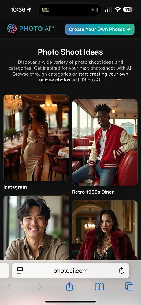 The image displays a mobile interface showcasing various photo shoot ideas categorized by themes.