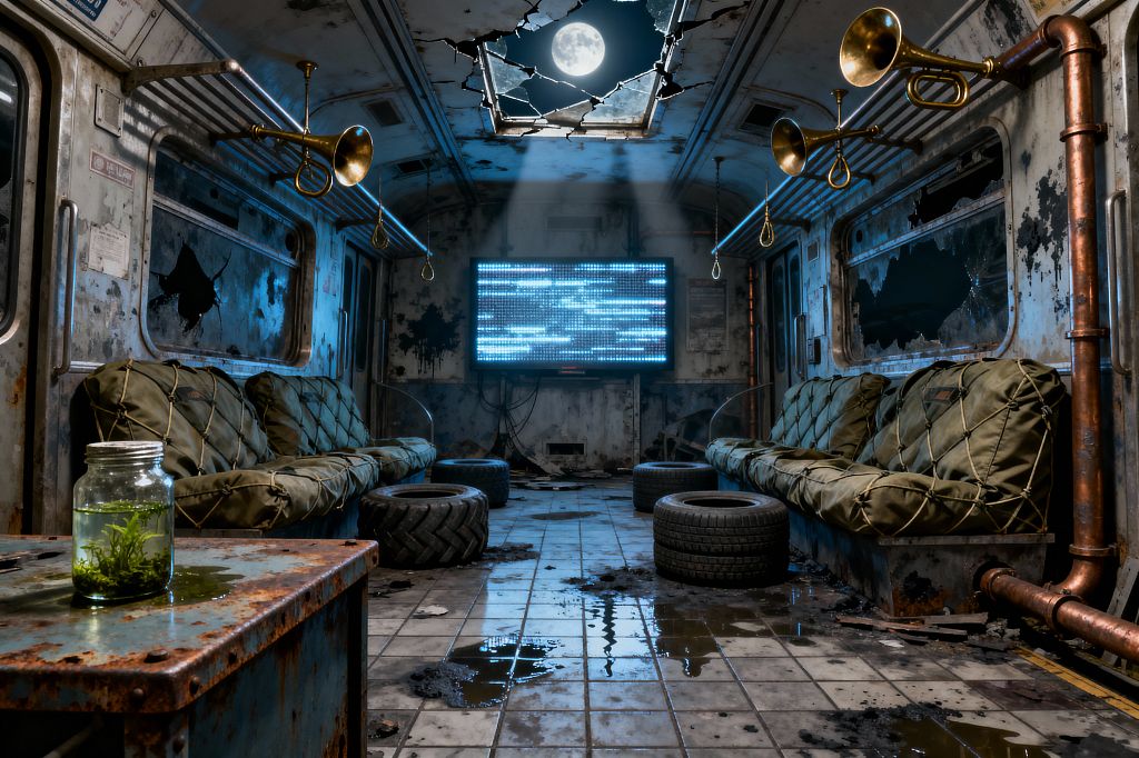An abandoned subway car converted into a media room shows olive-green canvas sofas lining both sides, a large blue LED screen with glitch graphics on the far wall, and repurposed tires used as stools on a wet, tiled floor. Moonlight pours through a broken skylight, highlighting rusted steel walls, exposed copper pipes, brass bugles hanging overhead, shattered windows, and a small glass jar with greenery on a rusted metal table.