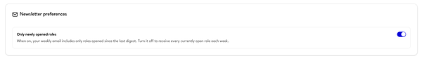 User interface settings screen with options for newsletter subscription frequency and types, including a toggle for job openings newsletter.