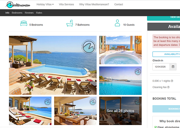 A modern Mediterranean-style villa with a swimming pool in the foreground, palm trees, and a blue sky.