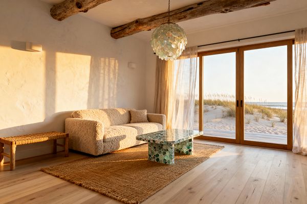 A sunlit coastal living room with textured white plaster walls and weathered timber ceiling beams, where a cream boucle sofa sits on a chunky jute rug beside a woven bench. Large wood-framed sliding doors open to sandy dunes and the ocean beyond, with sheer linen curtains drifting in the light, a rectangular sea-glass mosaic coffee table at center, and a capiz shell globe pendant catching the warm golden-hour glow.