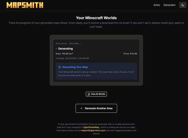 Minecraft in-game screenshot showing a built-up map area with trees, water, and player user interface elements.