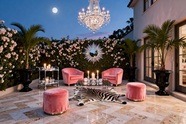 An outdoor patio at dusk features blush pink velvet barrel chairs and round ottomans around a clear glass coffee table set over a zebra hide rug. A large crystal chandelier hangs above, with silver candlesticks, a chrome bar cart, a starburst mirror on a rose-covered hedge, and tall palms in glossy black urns; the stone floor is laid in warm travertine, and French doors of the house reflect the candlelight while the moon glows in the sky.