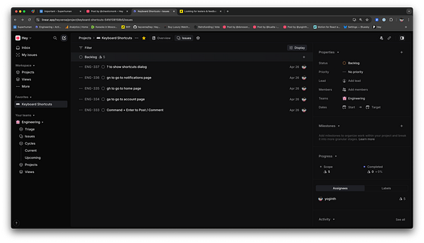 The image displays a project management interface for keyboard shortcuts within a task management tool.