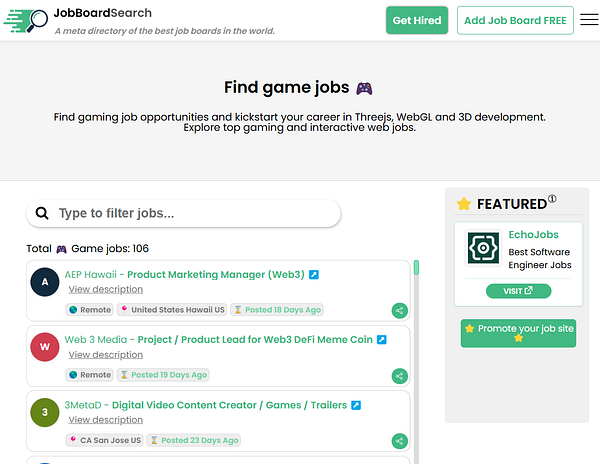 The image displays a job board page focused on gaming job opportunities.