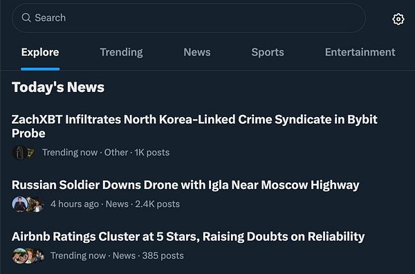Screenshot of the X News Explore tab showing today's trending news headlines and posts.