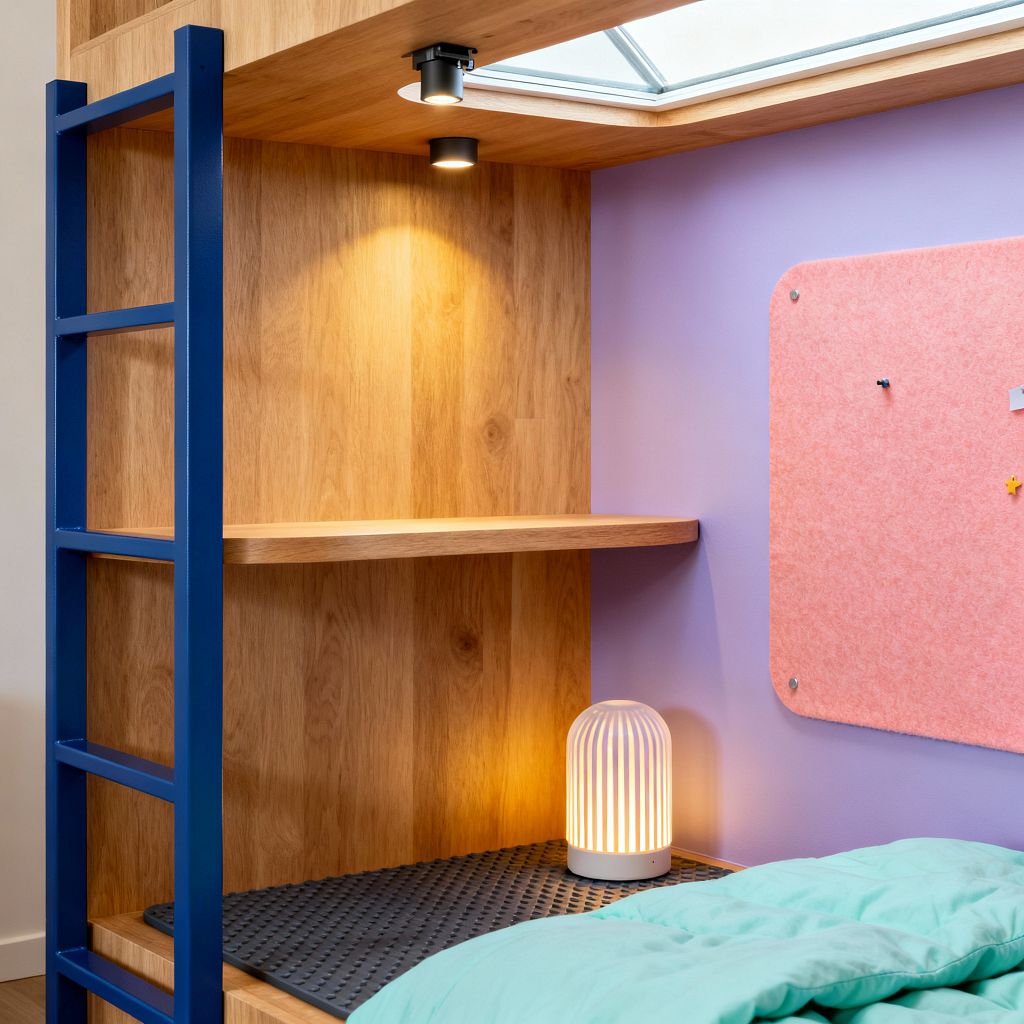 Close-up of a modern kids’ loft bed area built from natural oak panels with a cobalt blue ladder. A lavender wall features a rounded-corner pink felt pinboard above mint bedding. Under the loft, a built-in shelf and black recessed spotlights create a warm reading nook. A white ribbed ceramic table lamp sits on a dark textured rubber mat, and a small skylight in the wood canopy brings daylight to the compact corner.