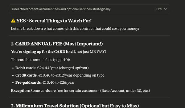The image displays a detailed breakdown of potential hidden fees associated with a bank contract for a payment card.