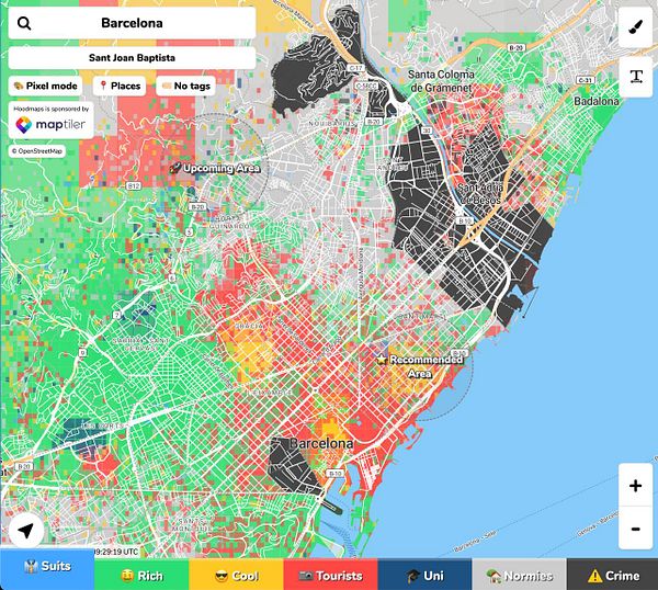 Hand-drawn map sketch of La Verneda neighborhood in Barcelona with streets, landmarks, and colorful annotations.