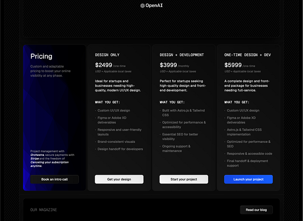 The image displays a pricing table for design services offered by a company, featuring three distinct service packages.