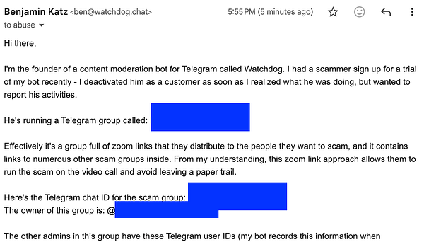 Screenshot of a Telegram chat showing messages related to a scam report and the user's action to deactivate and report a scammer.