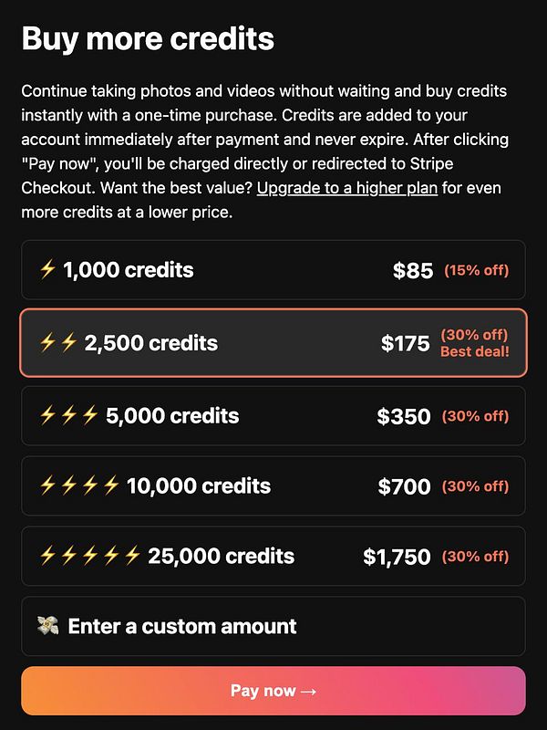 The image displays a pricing interface for purchasing credits with various options and discounts.