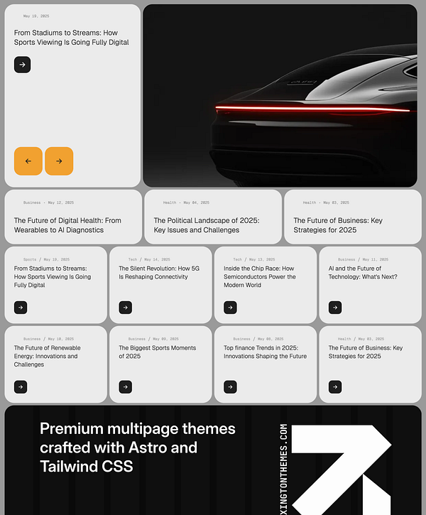 The image displays a modern blog and podcast template featuring various articles and a sleek design.