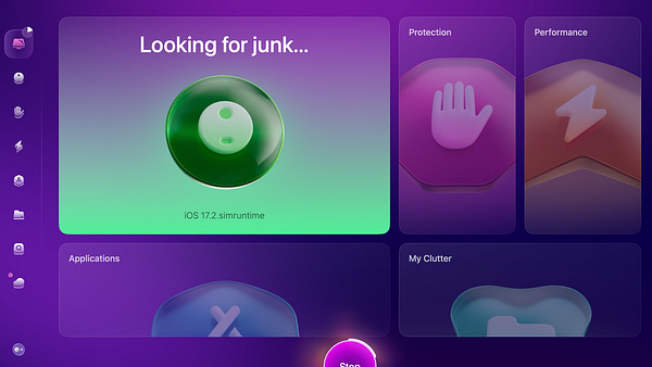 The image displays a user interface of a Mac cleaning application scanning for junk files.