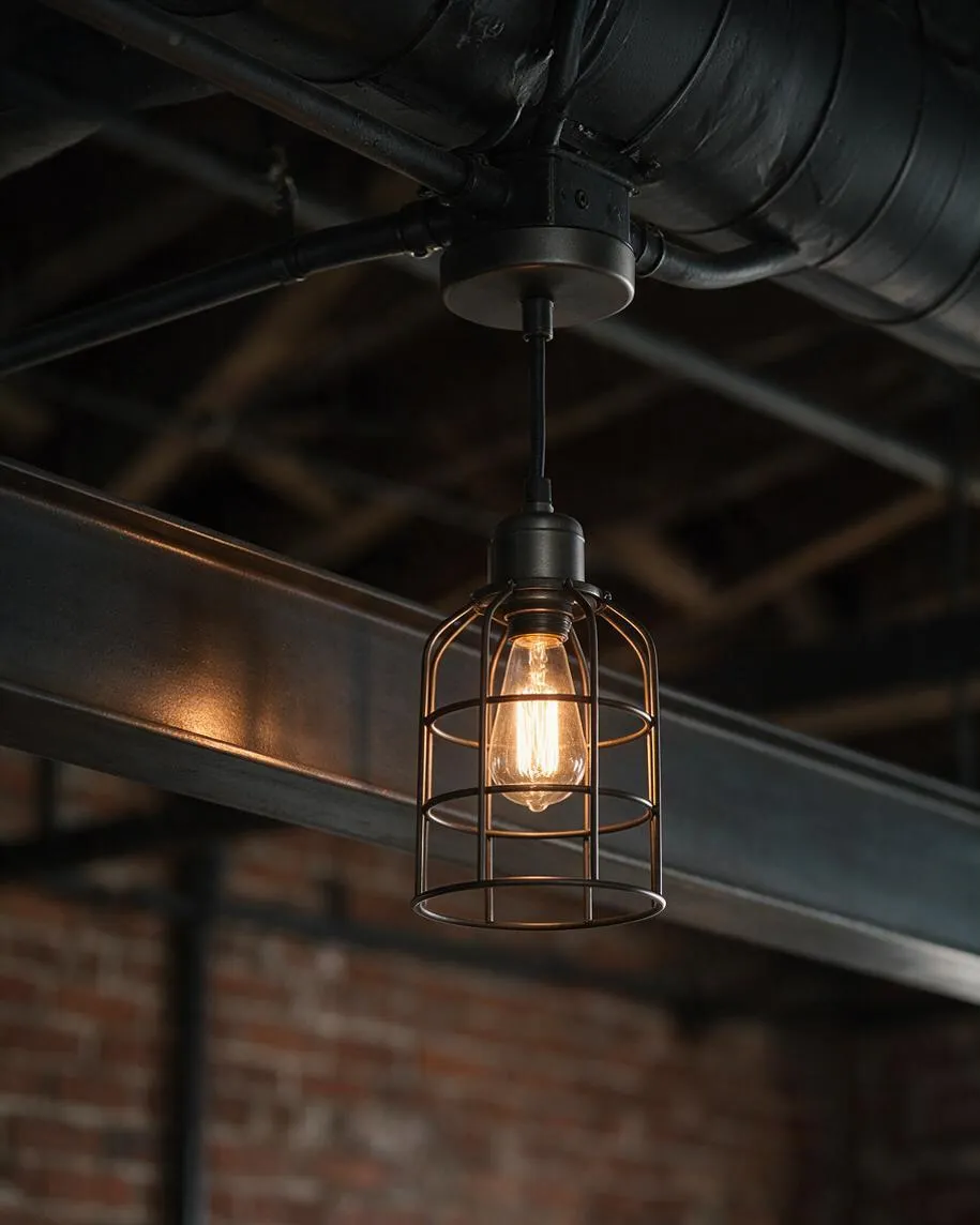 A close-up of an industrial pendant light hanging from a black ceiling, featuring an exposed Edison bulb inside a metal cage. Above it, dark ductwork and steel beams reinforce the raw warehouse-style setting, with a blurred brick wall in the background.