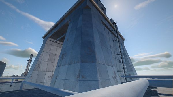 3D rendered image of a large industrial structure with detailed textures and realistic lighting.