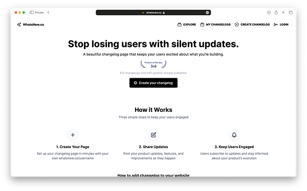 The image displays a webpage for WhatsNew.co, promoting a changelog service to engage users with product updates.