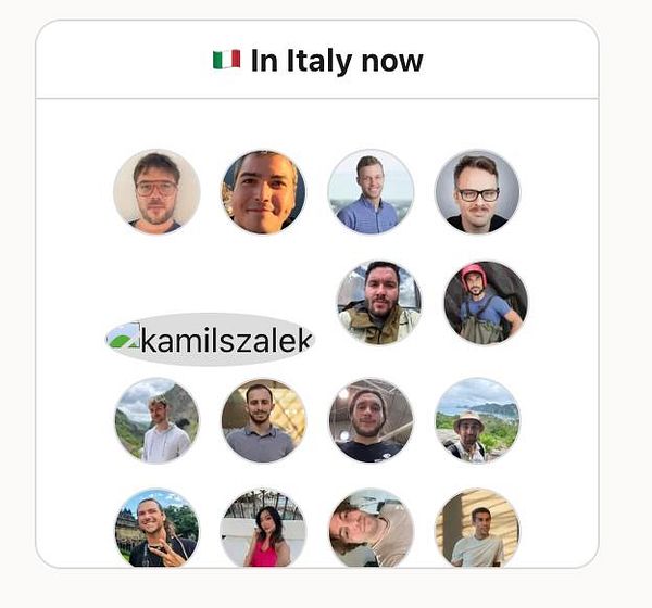 A grid of profile pictures with a title indicating the group is currently in Italy.