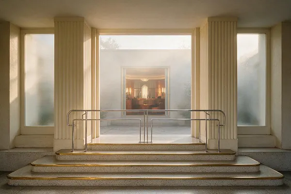 An Art Deco exterior entrance with wide terrazzo steps edged in brass, a polished metal handrail, and tall fluted columns framing frosted side windows. A bright central opening reveals a warm interior beyond, creating a symmetrical, elegant facade with soft cream tones and geometric lines.