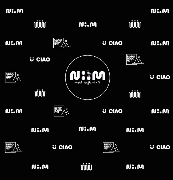 The image features a black backdrop adorned with various logos related to the Bansko Nomad Fest and a magazine.