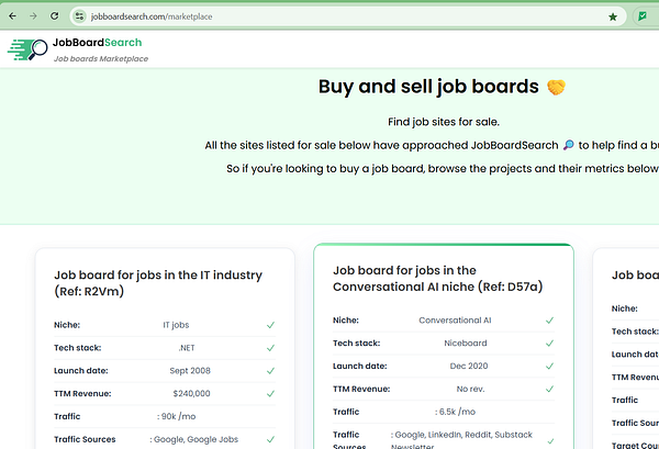 The image displays a webpage from JobBoardSearch showcasing job boards available for sale.