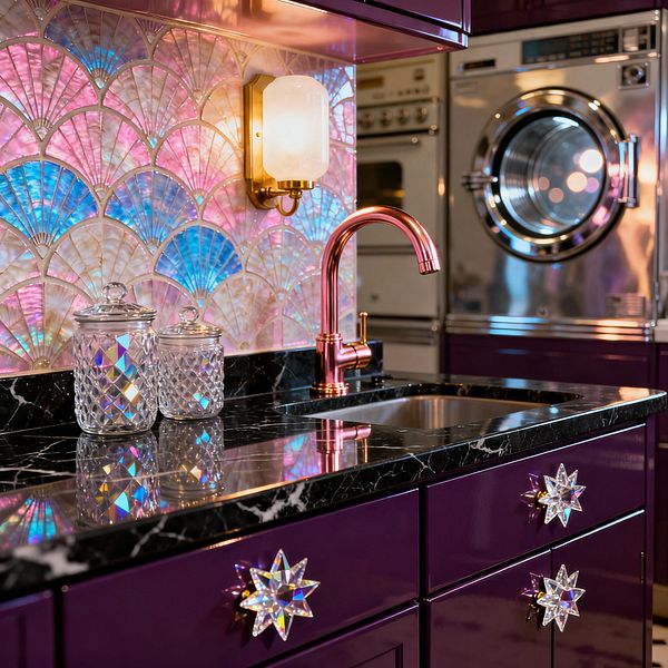 A vintage glam laundry room with glossy plum cabinets and a black marble countertop features crystal starburst knobs and an undermount stainless sink. An iridescent fan-pattern backsplash in pink, blue, and pearly tones reflects light from a brass wall sconce with a frosted glass shade; a rose-gold gooseneck faucet and cut-glass canisters add sparkle, while a chrome-front front-loading washer and retro-style appliances sit in the background.