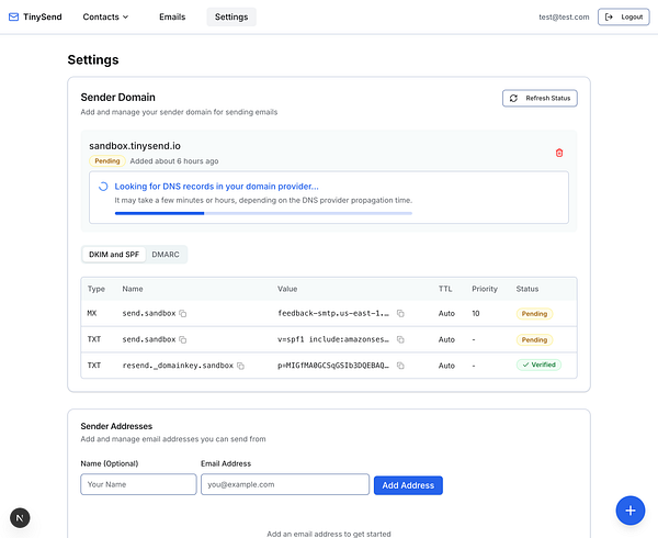 The image displays a user interface for managing sender domain settings in the TinySend application.