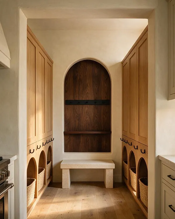 A narrow closet or dressing room with symmetrical built-in cabinetry in light oak on both sides, each with arched lower cubbies holding woven baskets. The back wall features a dark walnut arched niche with a small shelf and black hooks, and a simple stone bench sits centered below it. The space has warm plaster walls and natural wood flooring.