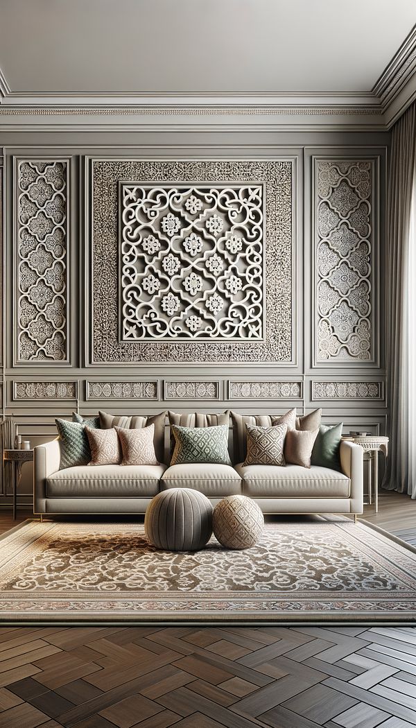 A decorative room interior that showcases the quatrefoil motif in several elements, including a large area rug with the pattern, cushions on a couch, and a piece of wall art that prominently features the quatrefoil design.