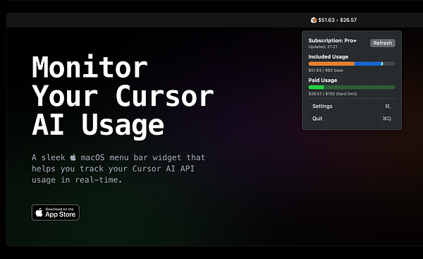 The image displays a macOS menu bar widget for tracking Cursor AI API usage.