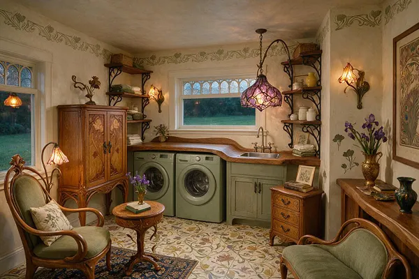 A richly decorated laundry room with two front-loading machines built into a curved wood countertop and pale green cabinetry. The space features stained-glass pendant and sconces, carved wood furniture, floral wallpaper borders, and botanical patterned flooring, creating an elegant Art Nouveau atmosphere.