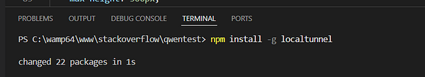 A terminal window displaying a command to install localtunnel using npm.
