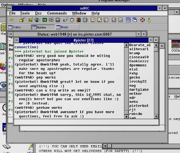 A chat conversation in an IRC client discussing emoji and apostrophe usage.