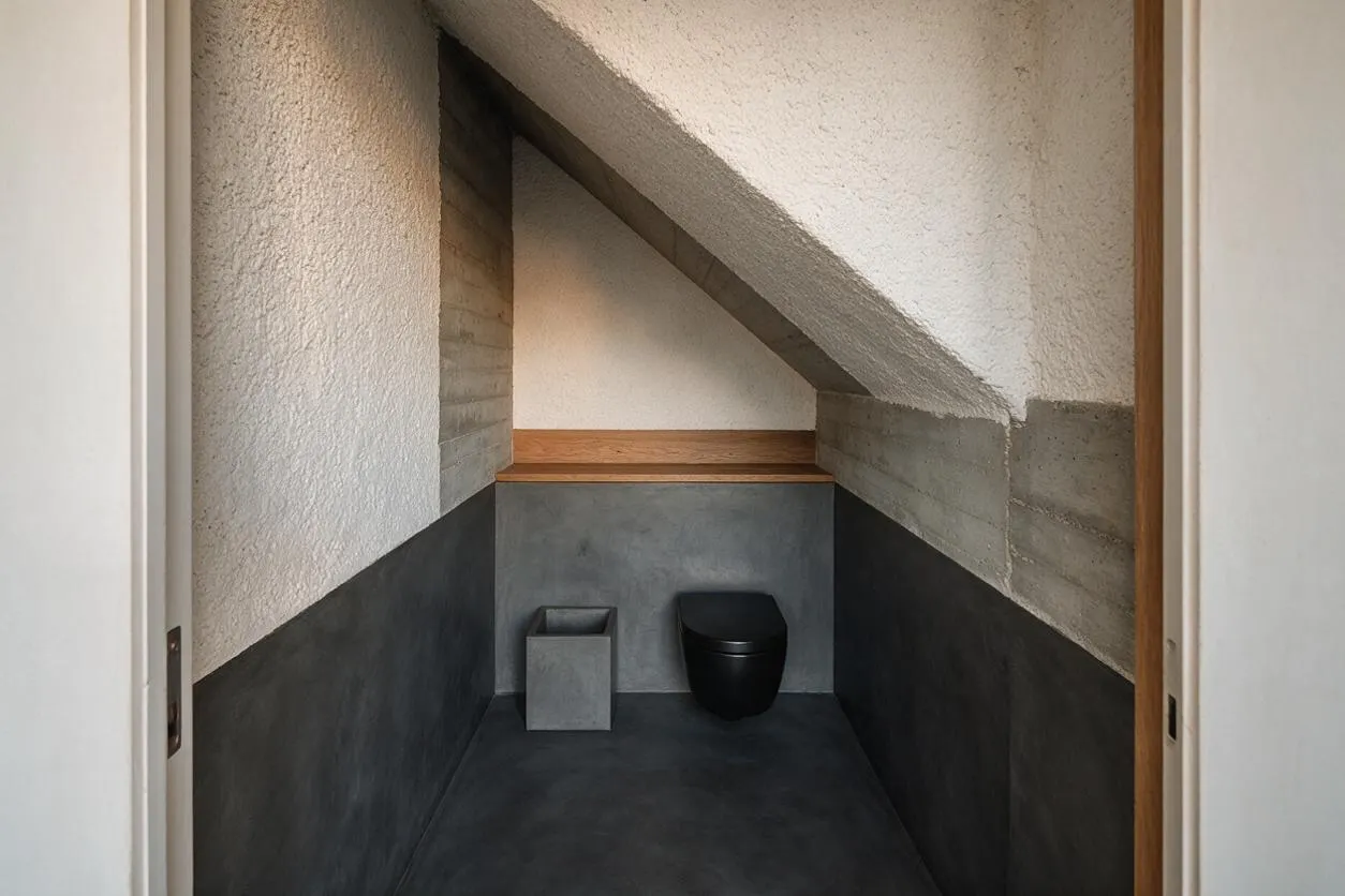 A compact powder room tucked beneath a sloped ceiling, featuring rough-textured white and concrete walls, dark charcoal lower wall cladding, and a matte black toilet. A small square concrete bin sits beside the toilet, while a warm wood ledge adds contrast near the back wall.