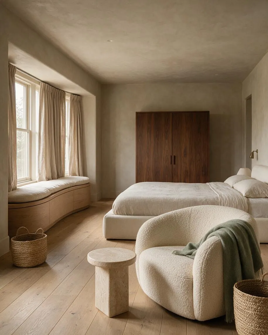 A serene master bedroom with a low upholstered bed, cream boucle lounge chair, built-in window seat, and dark wood wardrobe. Soft beige walls, pale wood floors, linen curtains, and woven baskets create a calm organic modern look.